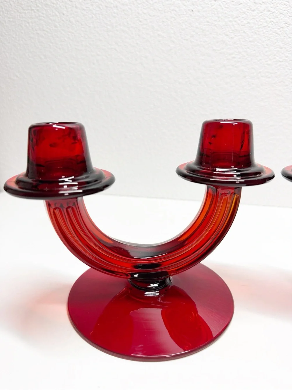 Rare 30s Vintage Fostoria Ruby Red Duo Art Deco Taper Candle Sticks Pair